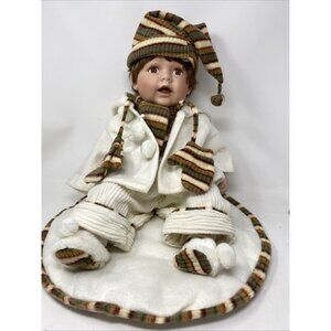 Cathay Porcelain Boy Doll Brown Hair Eyes Wearing Ski Hat Mittens Jacket Scarf